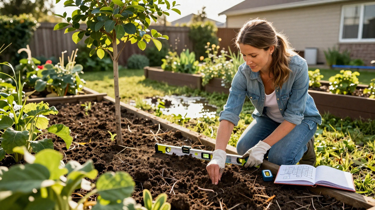 Woman planting seeds in a garden bed with plants, garden tools, and a notebook nearby on a sunny day.