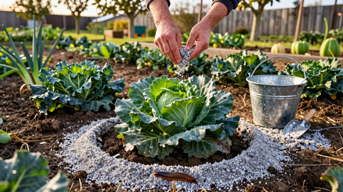 Hands sprinkling fertiliser around a growing cabbage plant in a garden patch on a sunny day.