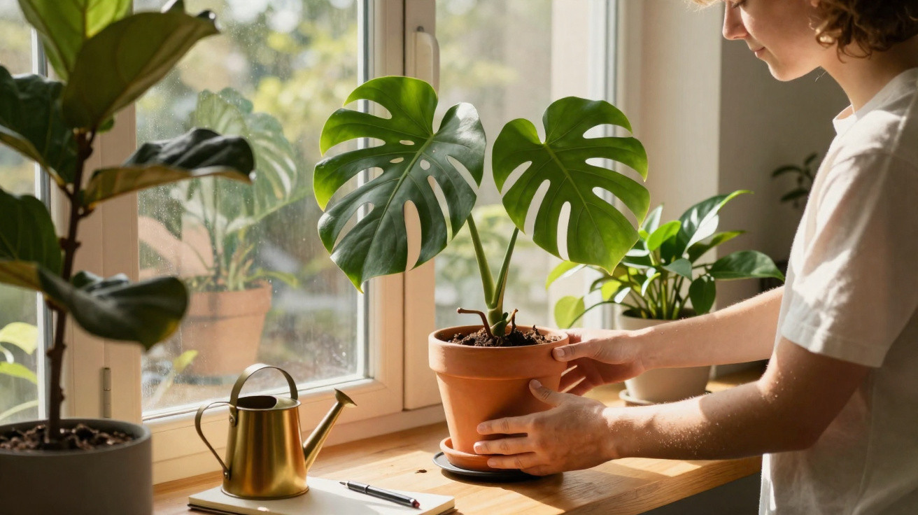 Person placing a monstera plant in a terracotta pot on a sunlit wooden windowsill with other houseplants nearby.