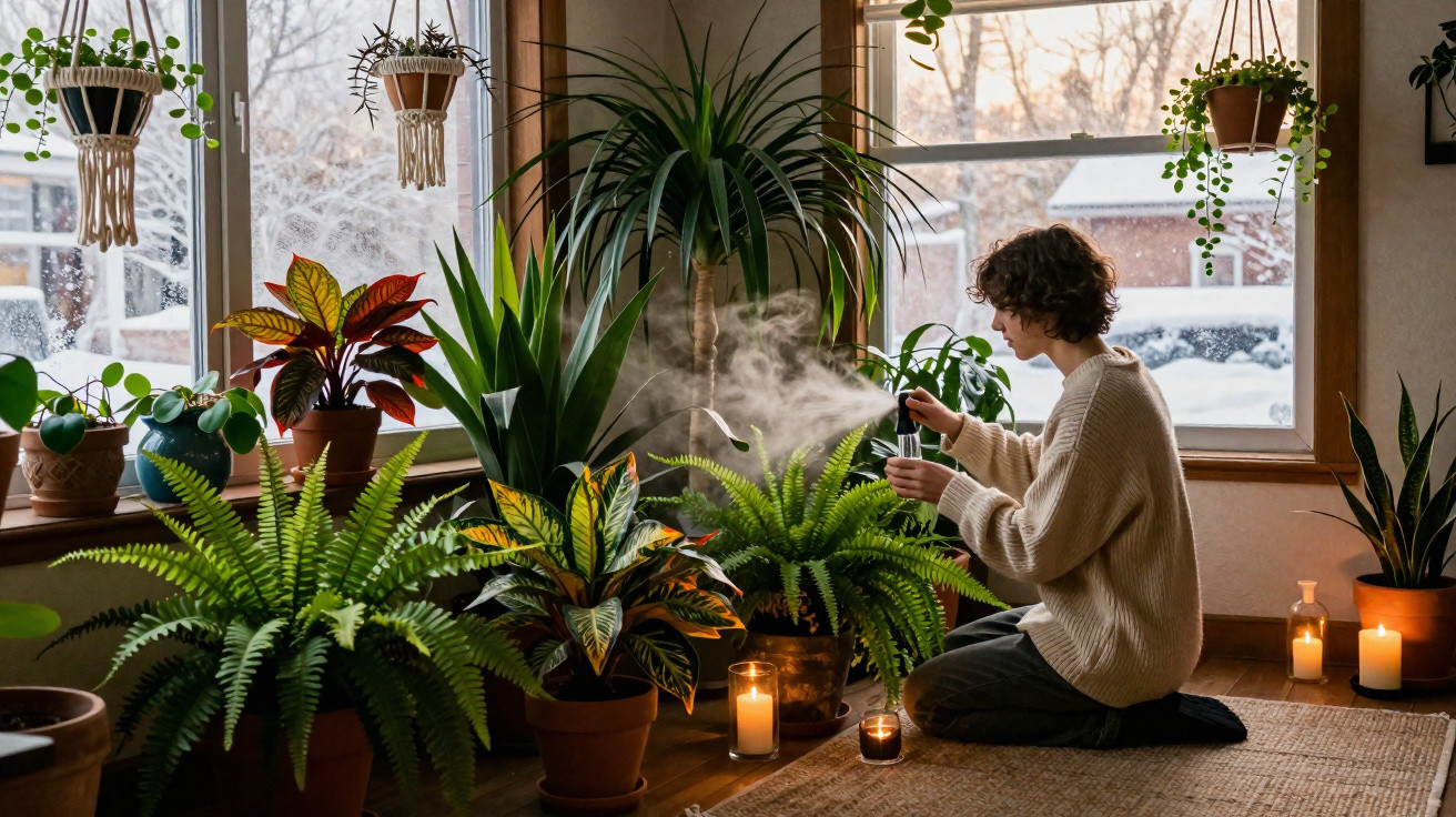Person watering indoor plants surrounded by candles by a window with a snowy view outside.
