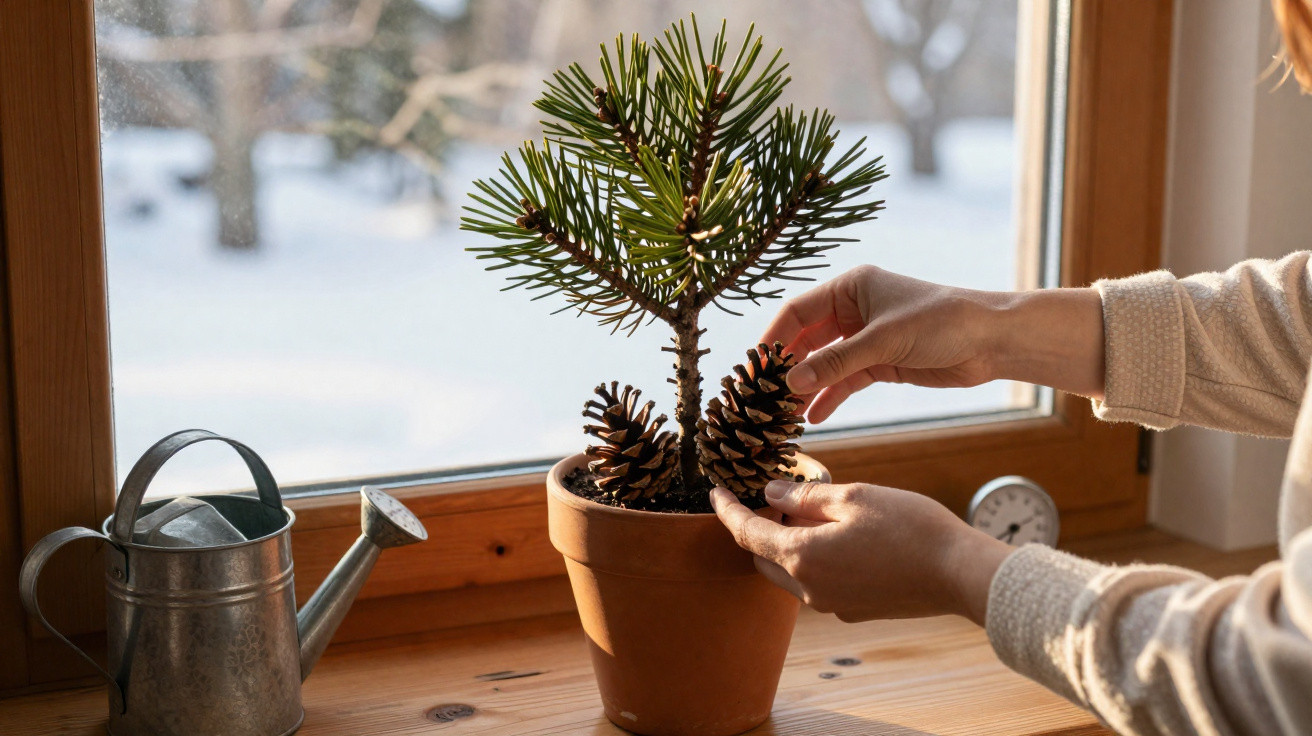 Hands placing pine cones around a small potted pine tree on a wooden windowsill with a watering can nearby.