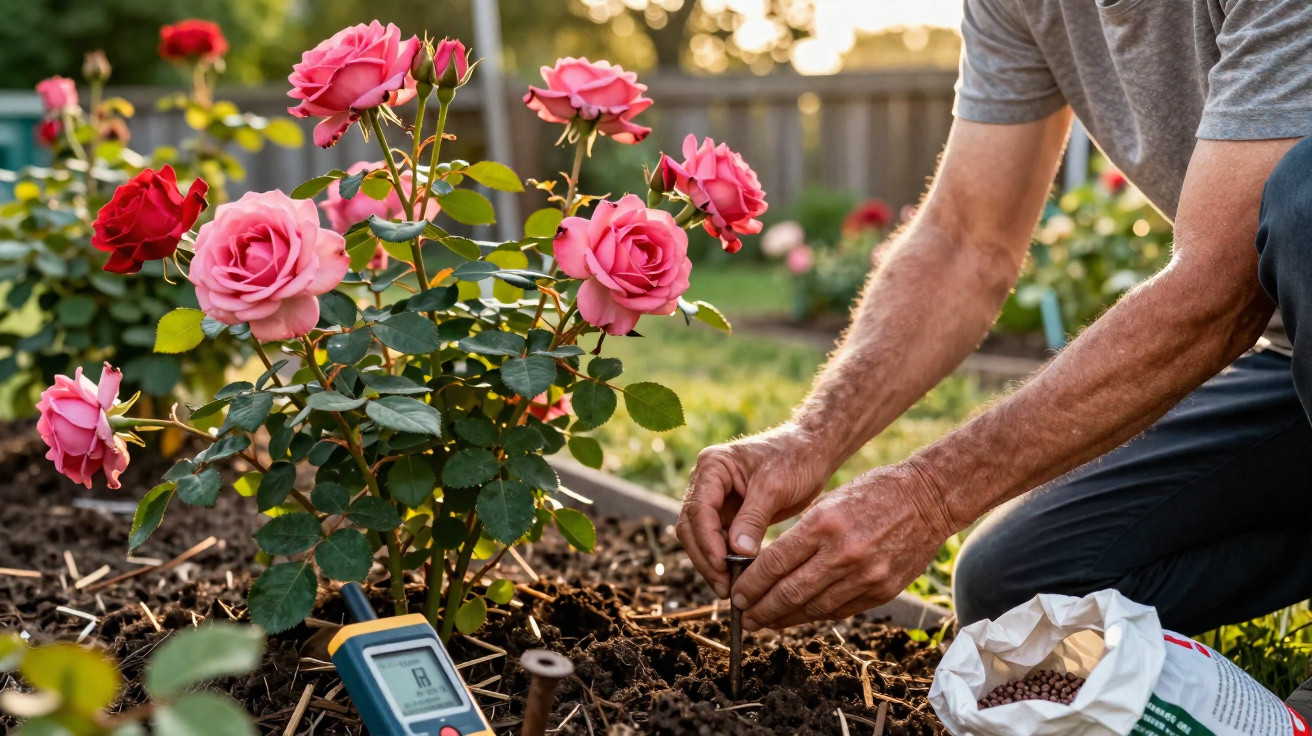 Person planting roses in a garden bed during golden hour with gardening tools and fertiliser nearby.