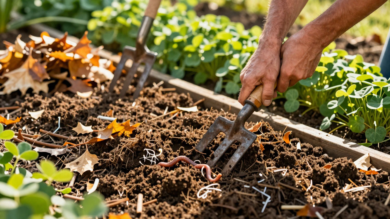 Hands using garden forks to turn soil in a raised bed with leaves and earthworms visible.