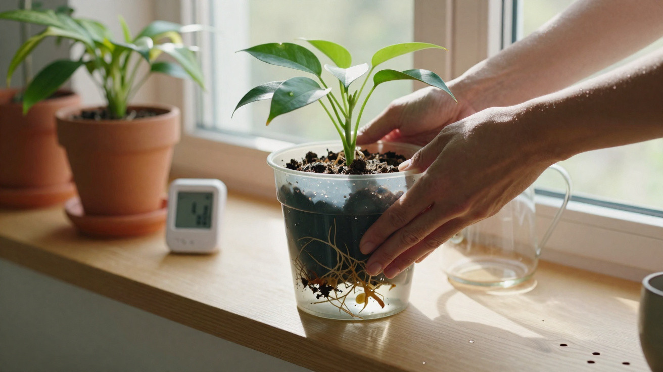 Hands repotting a small green plant in a transparent plastic pot on a wooden windowsill with other pots nearby.