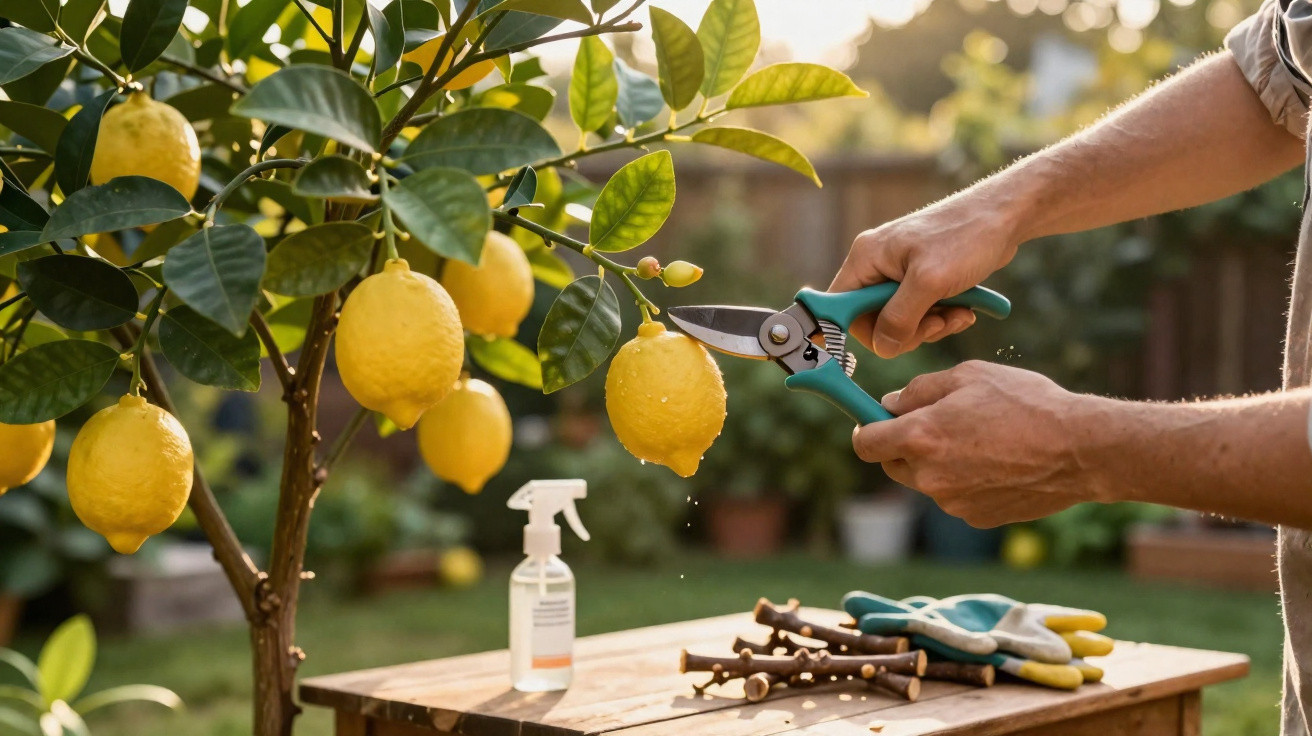 Person harvesting ripe lemons from a tree using garden pruning shears in a sunny garden.