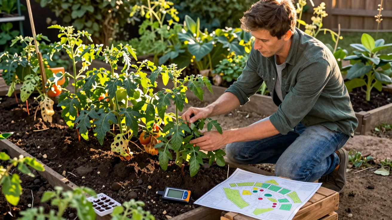 Man tending tomato plants in garden with a soil moisture meter and planting plan beside him.