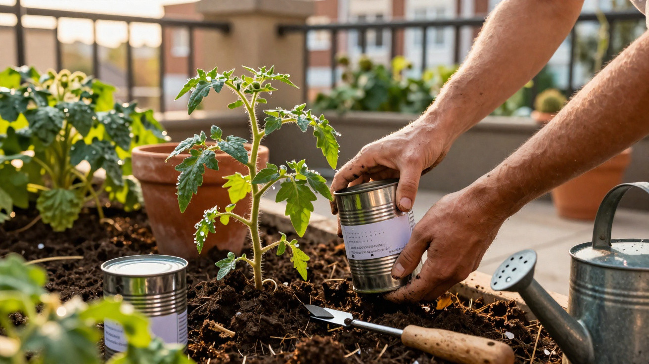 Hands planting a young tomato plant in soil on a balcony garden with gardening tools and watering can nearby