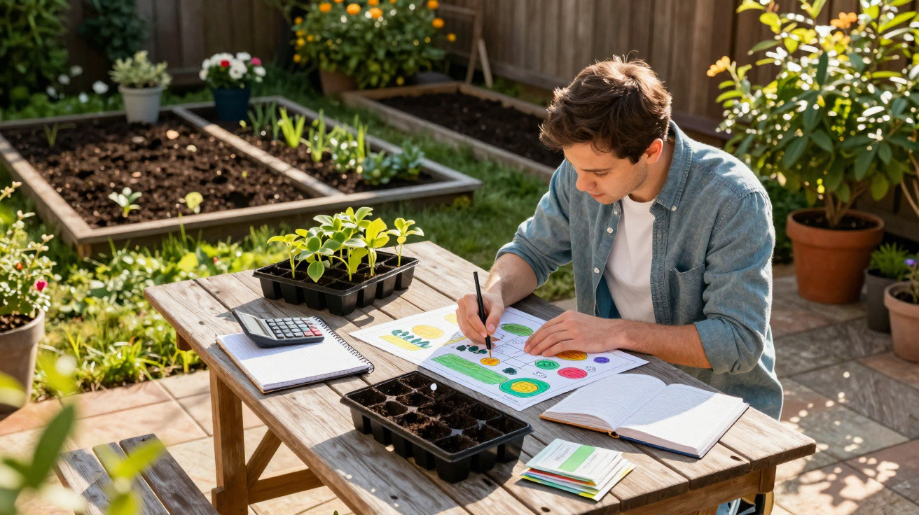 Young man drawing plant growth charts at wooden table in sunny garden with seedlings and gardening supplies