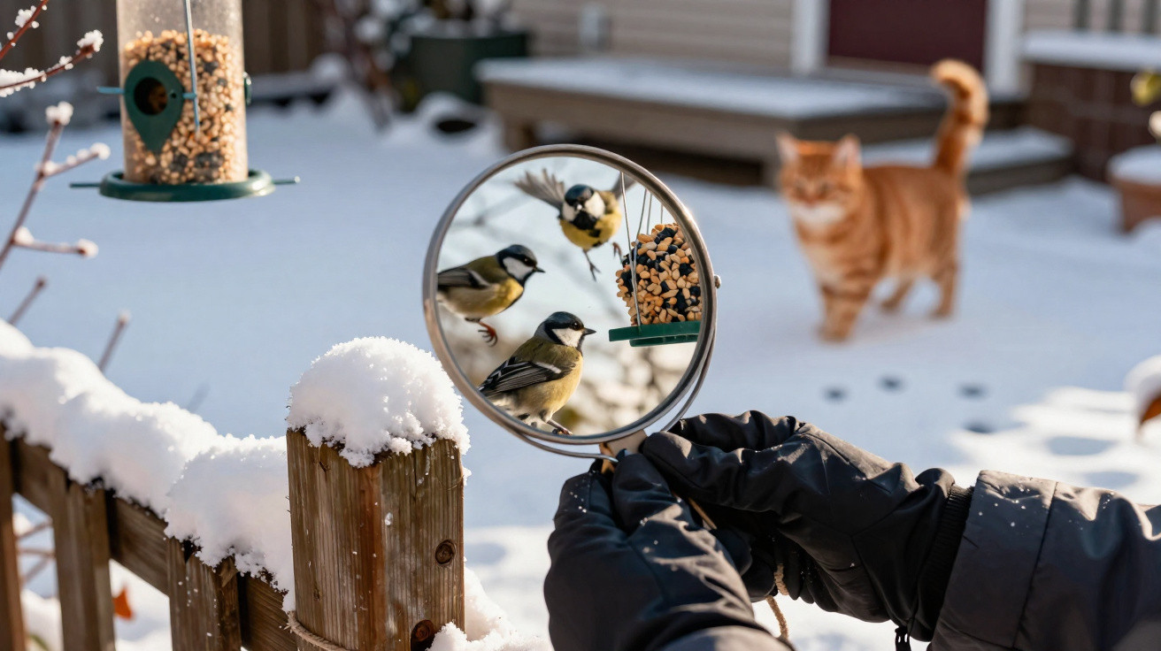 Person wearing black gloves holding a mirror reflecting three birds near a bird feeder in snowy garden with cat nearby