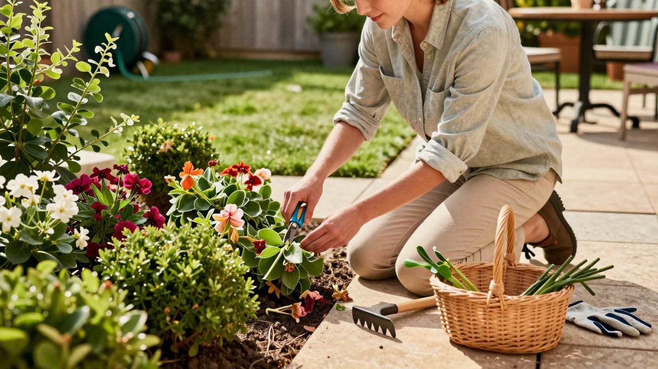 Person kneeling in a garden, pruning colourful flowers next to a basket and gardening tools on a patio.