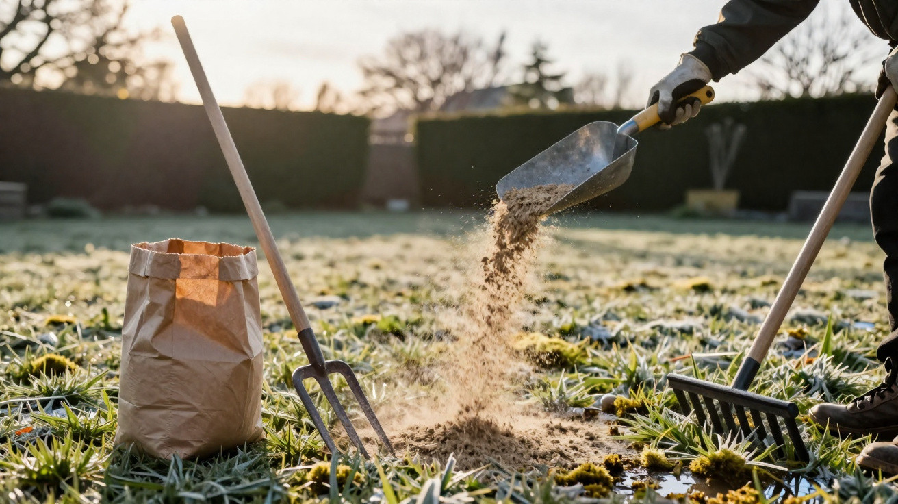 Person using a scoop to sow seeds in a frosty garden with gardening tools and paper bag nearby at dawn.