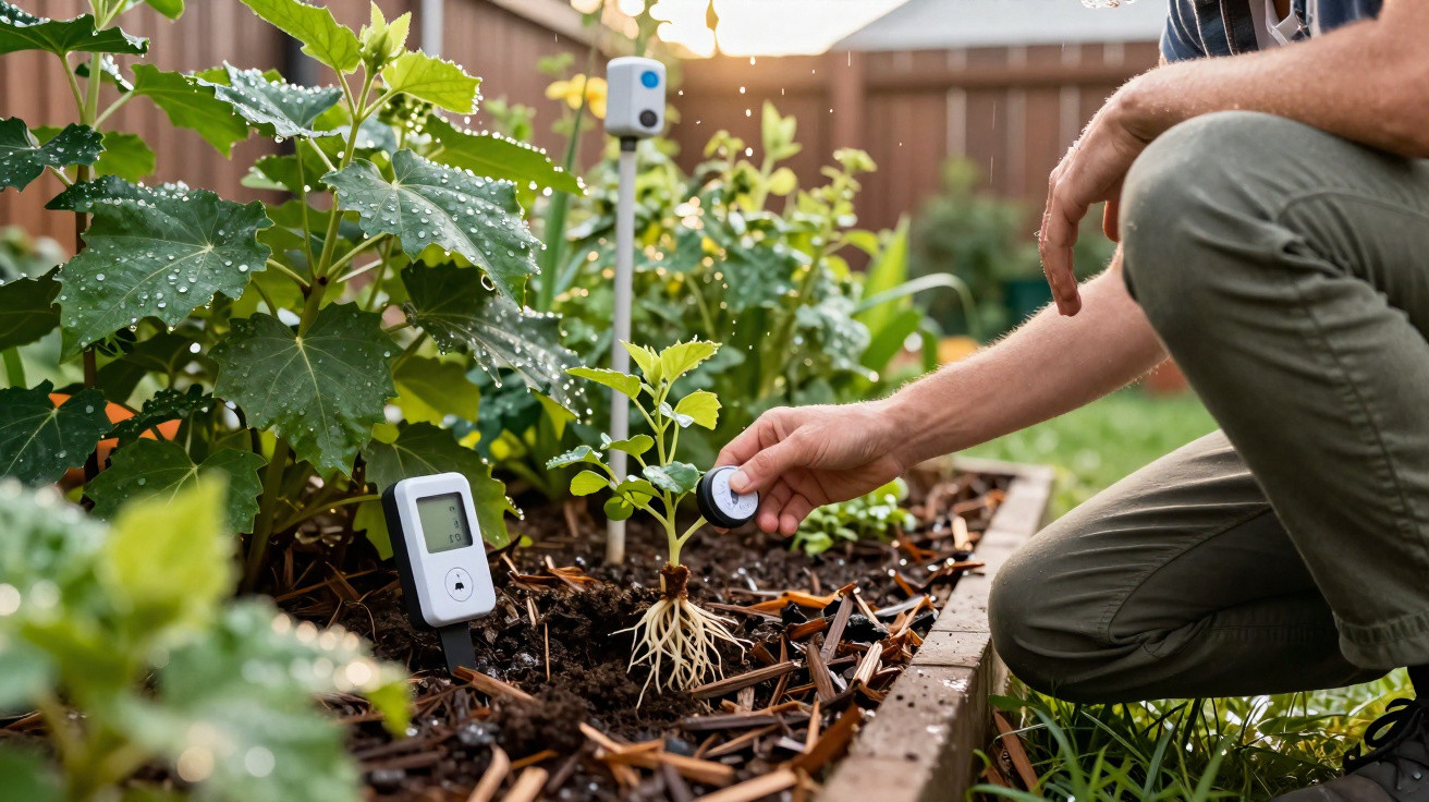 Person checking roots of a young plant in a raised garden bed with soil moisture sensors nearby