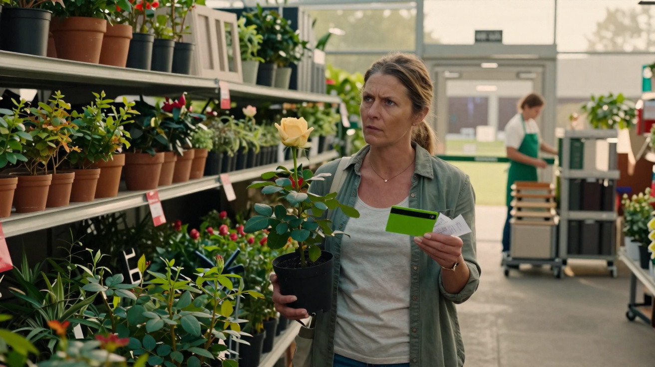 Woman holding a potted yellow rose and a credit card in a garden centre surrounded by plants on shelves.