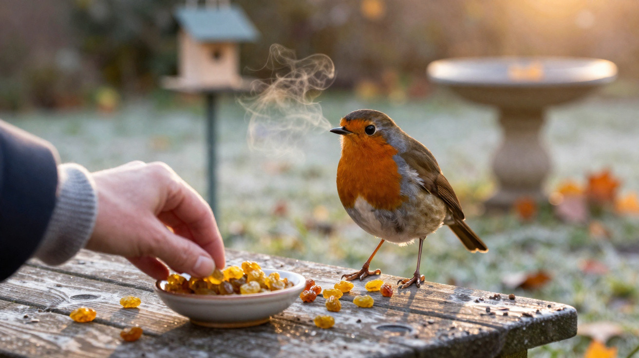 A person’s hand placing raisins on a dish as a robin stands on a wooden table in a frosty garden.