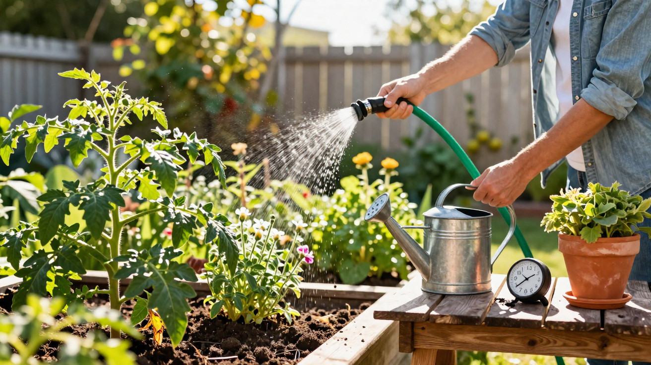Person watering plants in a garden using a hose, with a watering can, clock, and potted plant on a wooden table nearby.