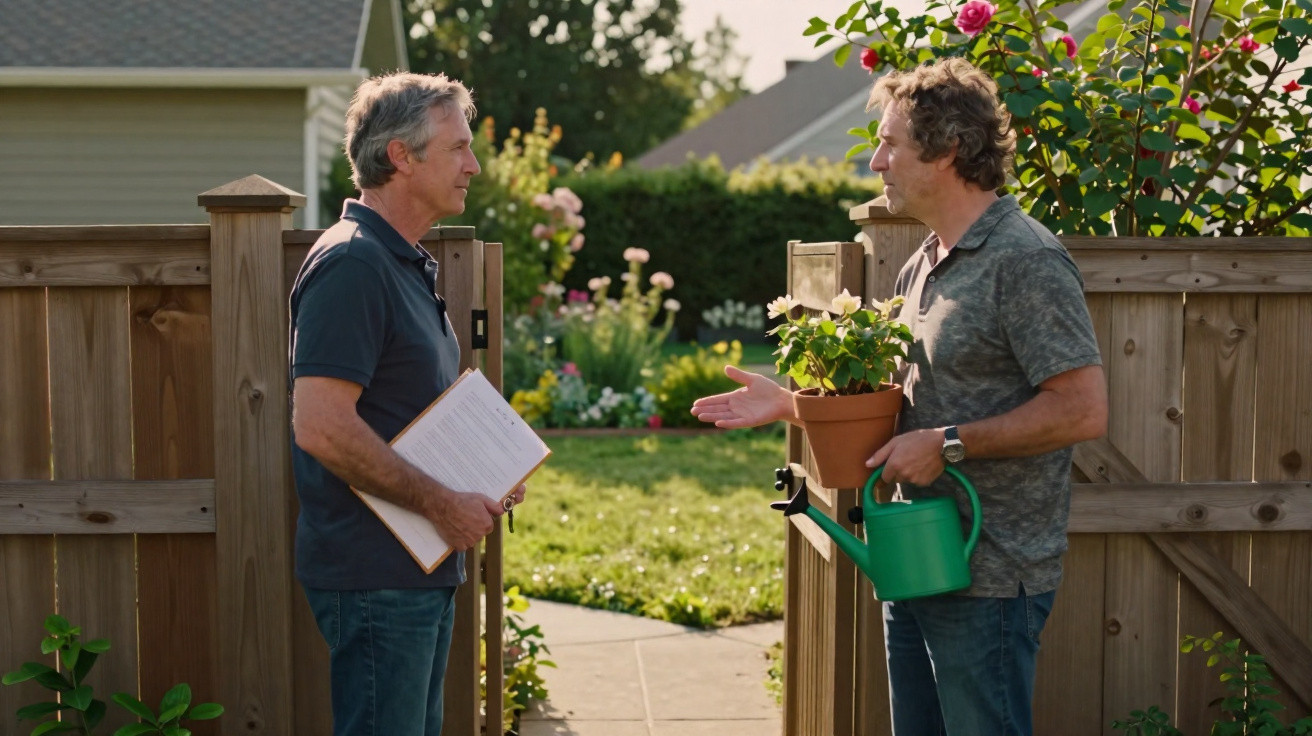 Two men talking at a wooden garden gate, one holding documents, the other a plant and watering can.