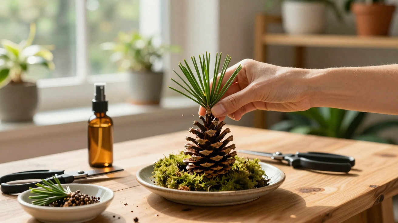 Hand placing pinecone with green pine needles on moss in a shallow dish on a wooden table.