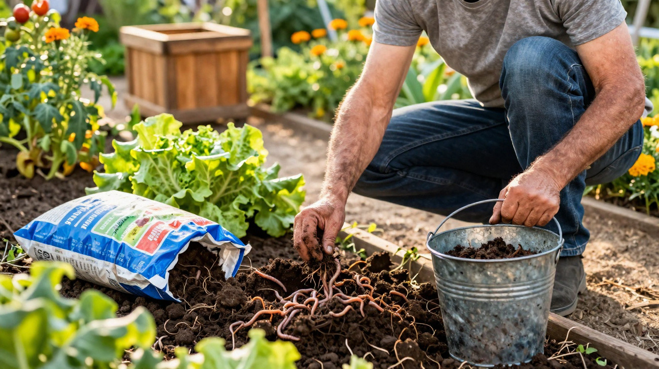 Person adding earthworms from a bucket into garden soil next to lettuce and flowers in a raised bed.