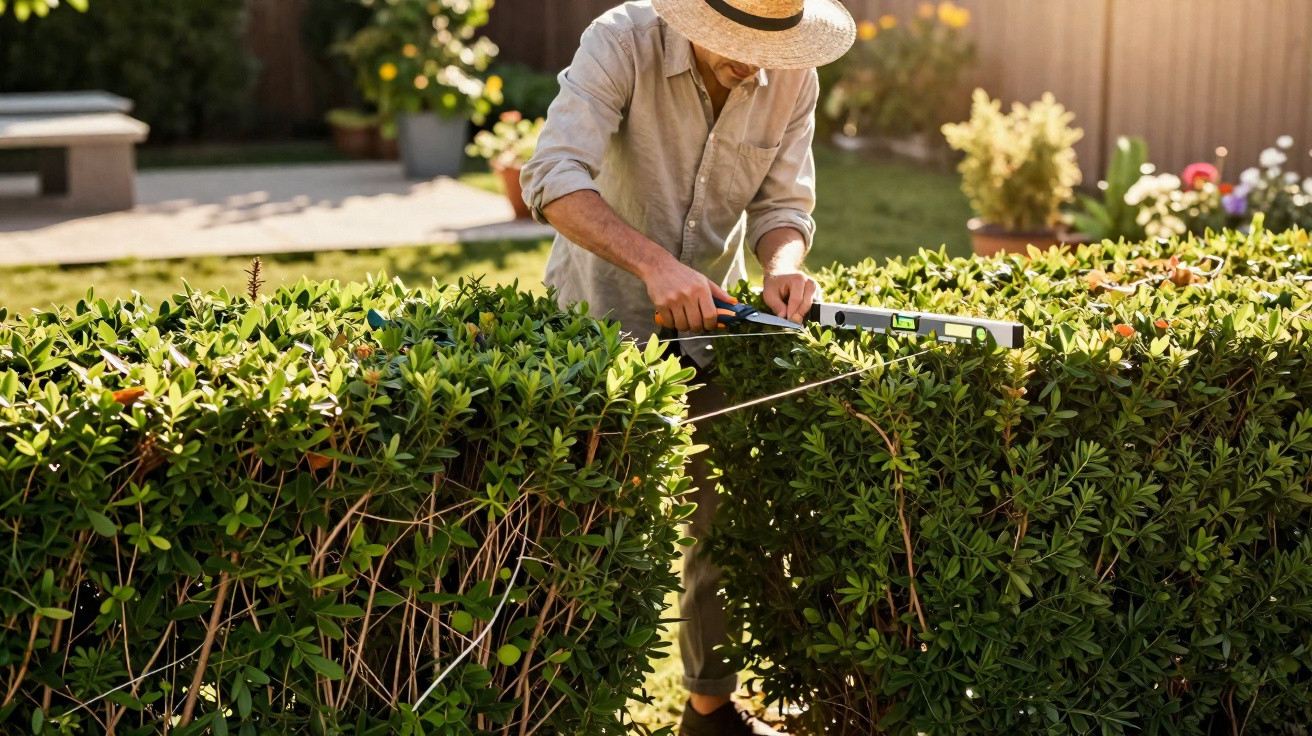 Person wearing a straw hat trimming a neatly shaped hedge in a sunny garden using a measuring tool.