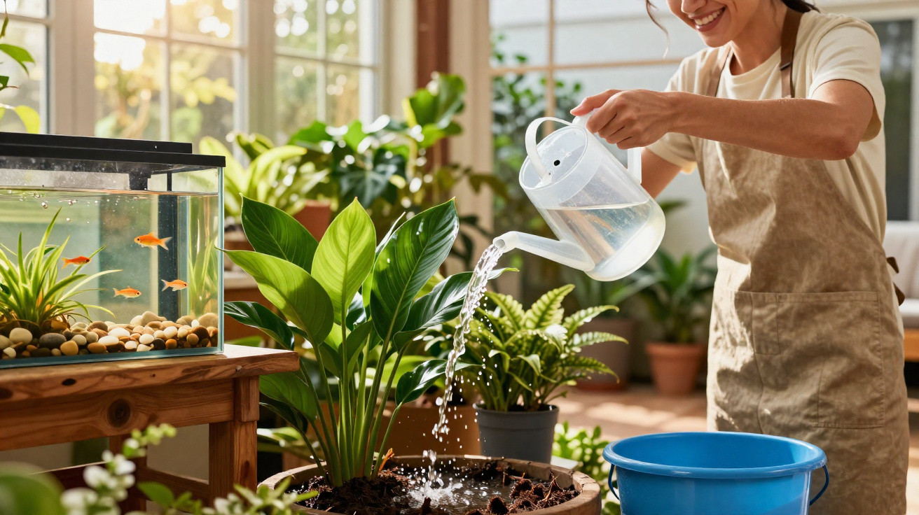 Woman wearing apron watering houseplants near a fish tank in a bright, sunlit room.