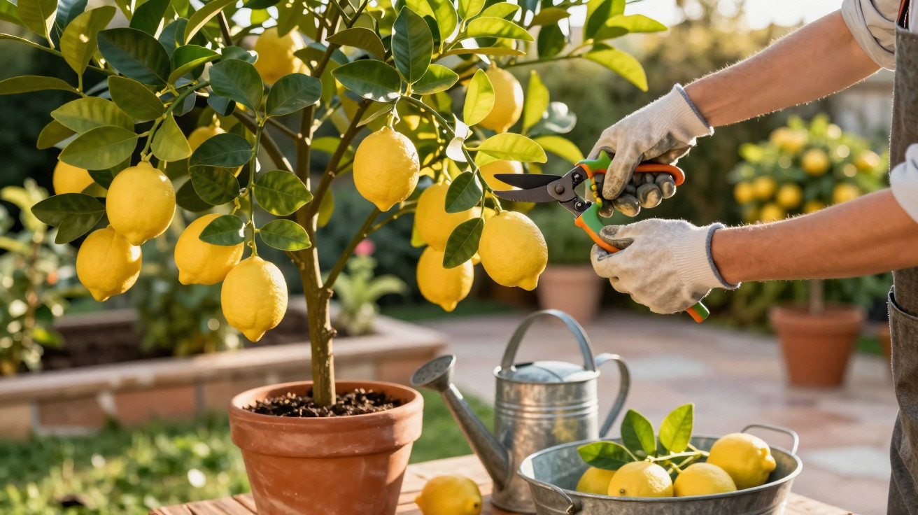 Person pruning ripe lemons from a potted lemon tree in a sunlit garden patio.