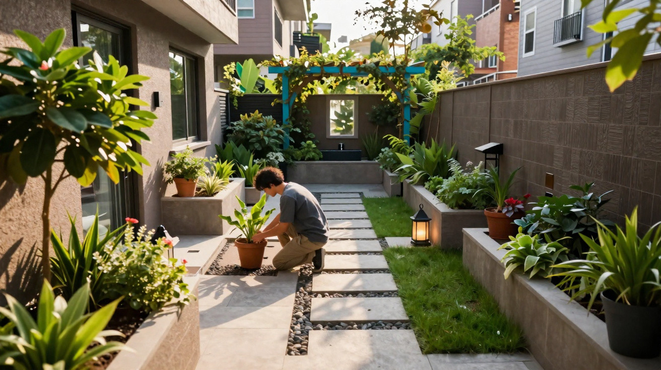 Person gardening in a narrow, modern urban backyard with raised plant beds and paving stones.