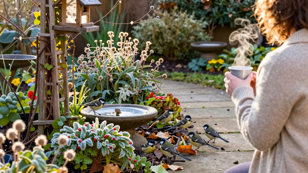 Person holding a steaming cup near a birdbath surrounded by small birds and frosted plants in a garden.