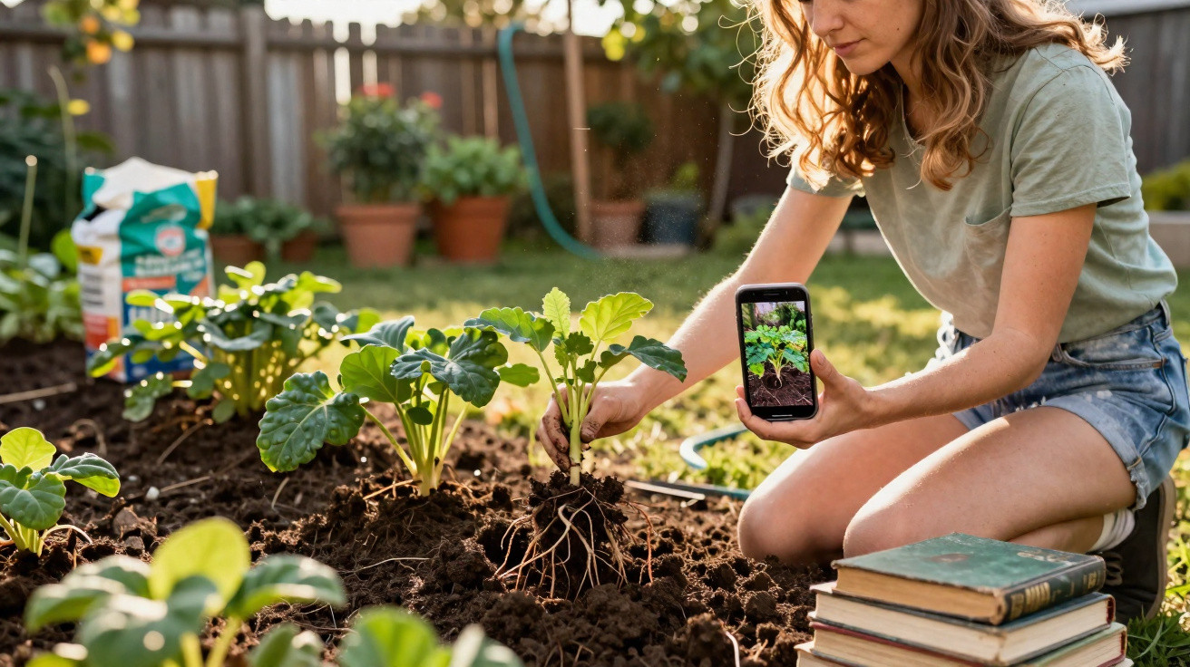 Woman kneeling in garden holding a plant and phone showing the same plant, surrounded by soil and gardening books.