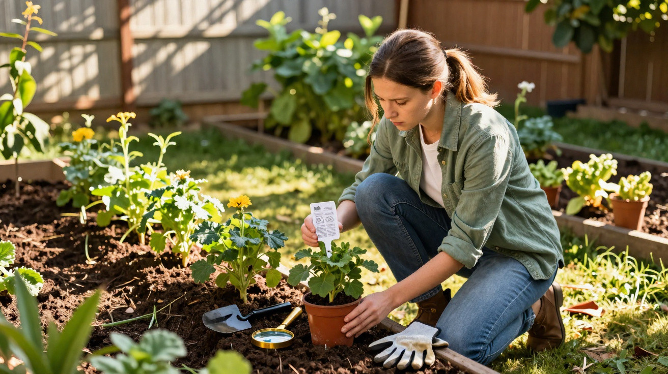 Woman planting flowers in a garden bed on a sunny day with gardening tools nearby.
