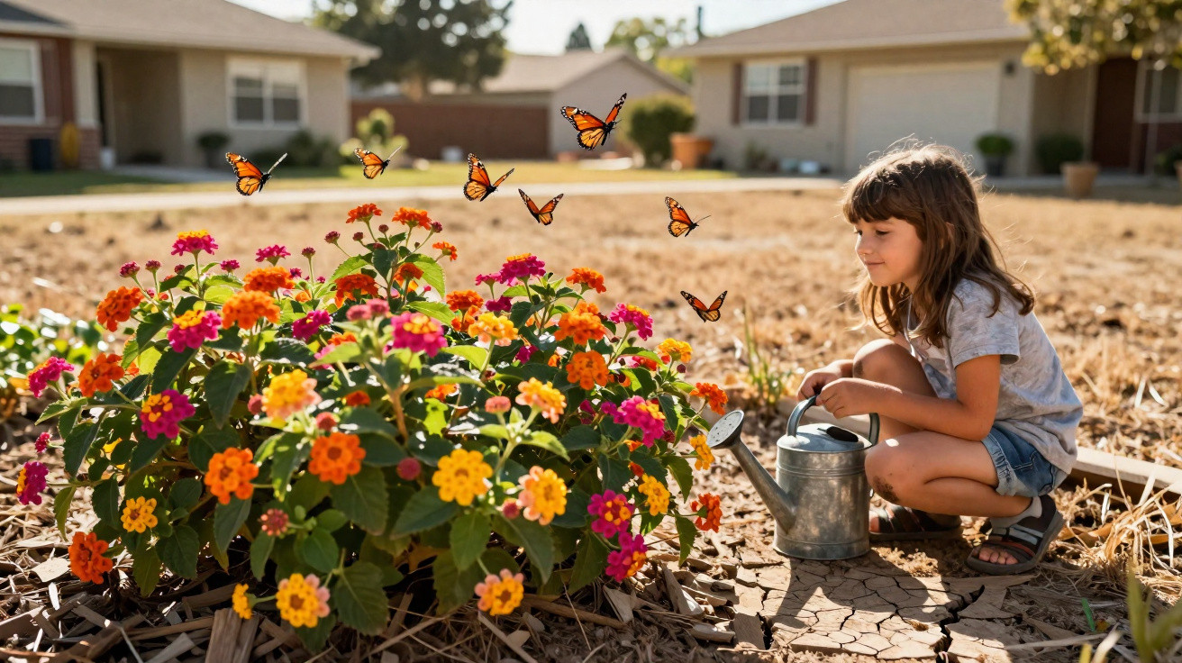 Young girl watering colourful flowers with butterflies flying nearby in a sunny suburban garden.