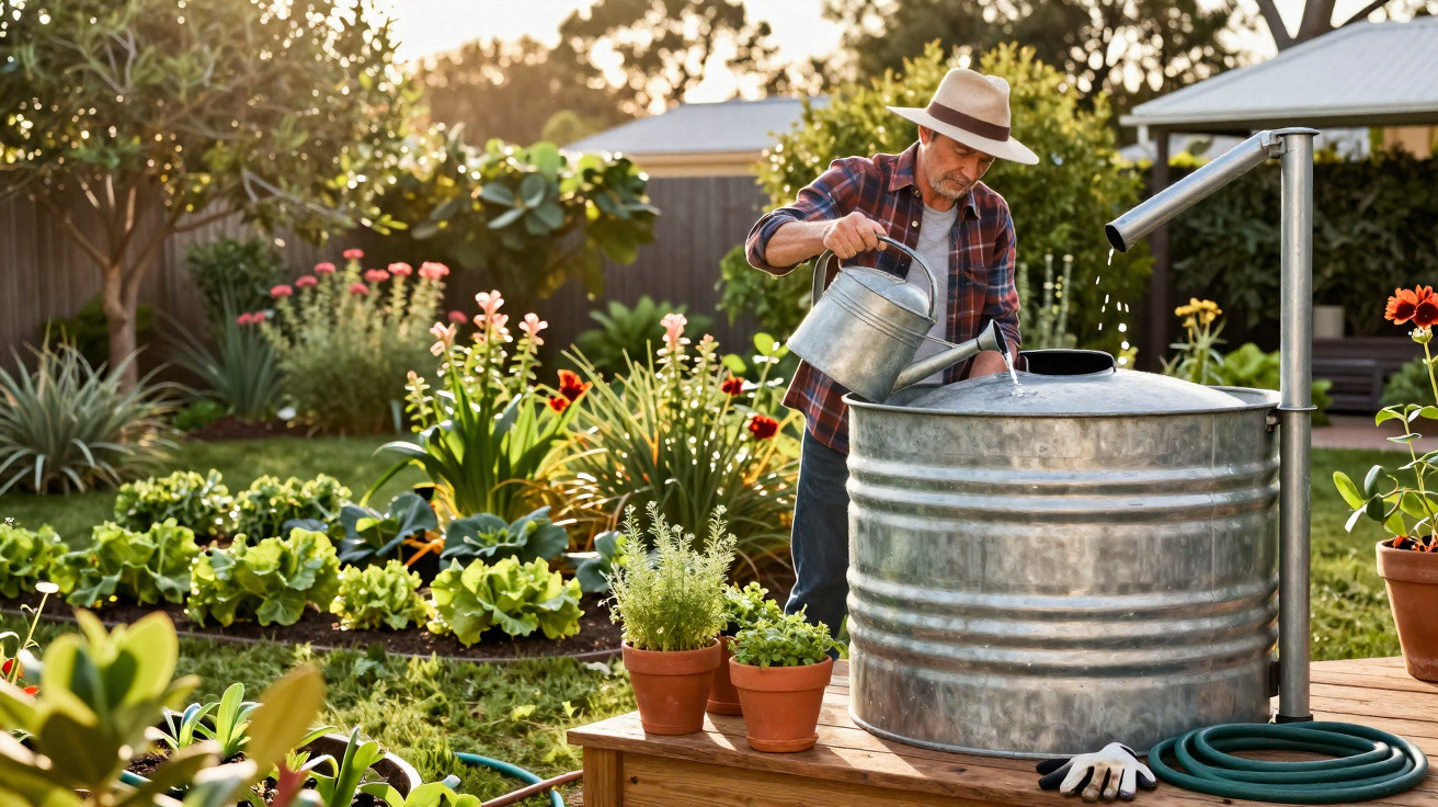 Man in a hat filling a watering can from a large metal rain barrel in a colourful garden at sunset.