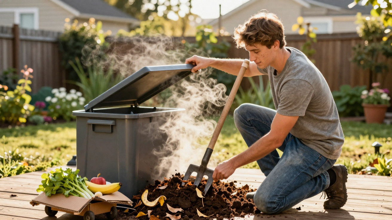 Man kneeling and turning compost with a garden fork beside a bin on a wooden deck in a backyard.