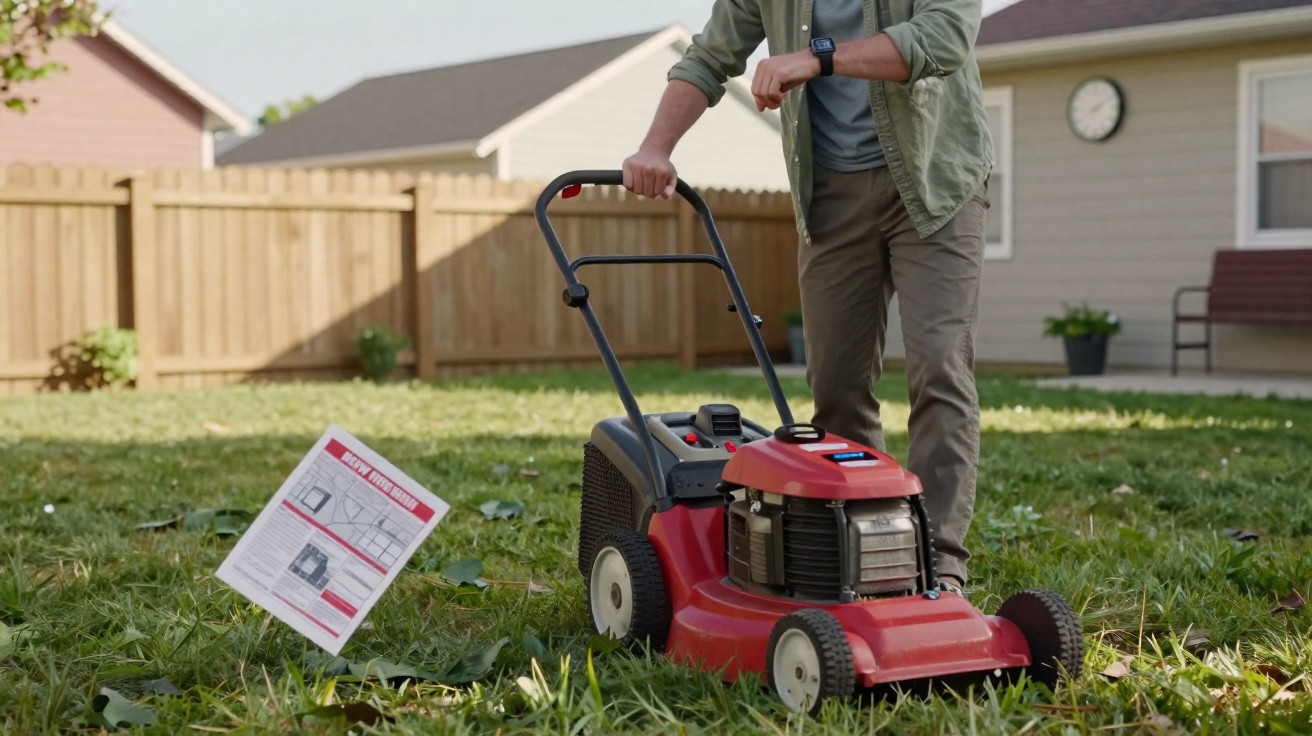Person operating a red lawnmower on a grassy yard near a wooden fence and suburban houses.