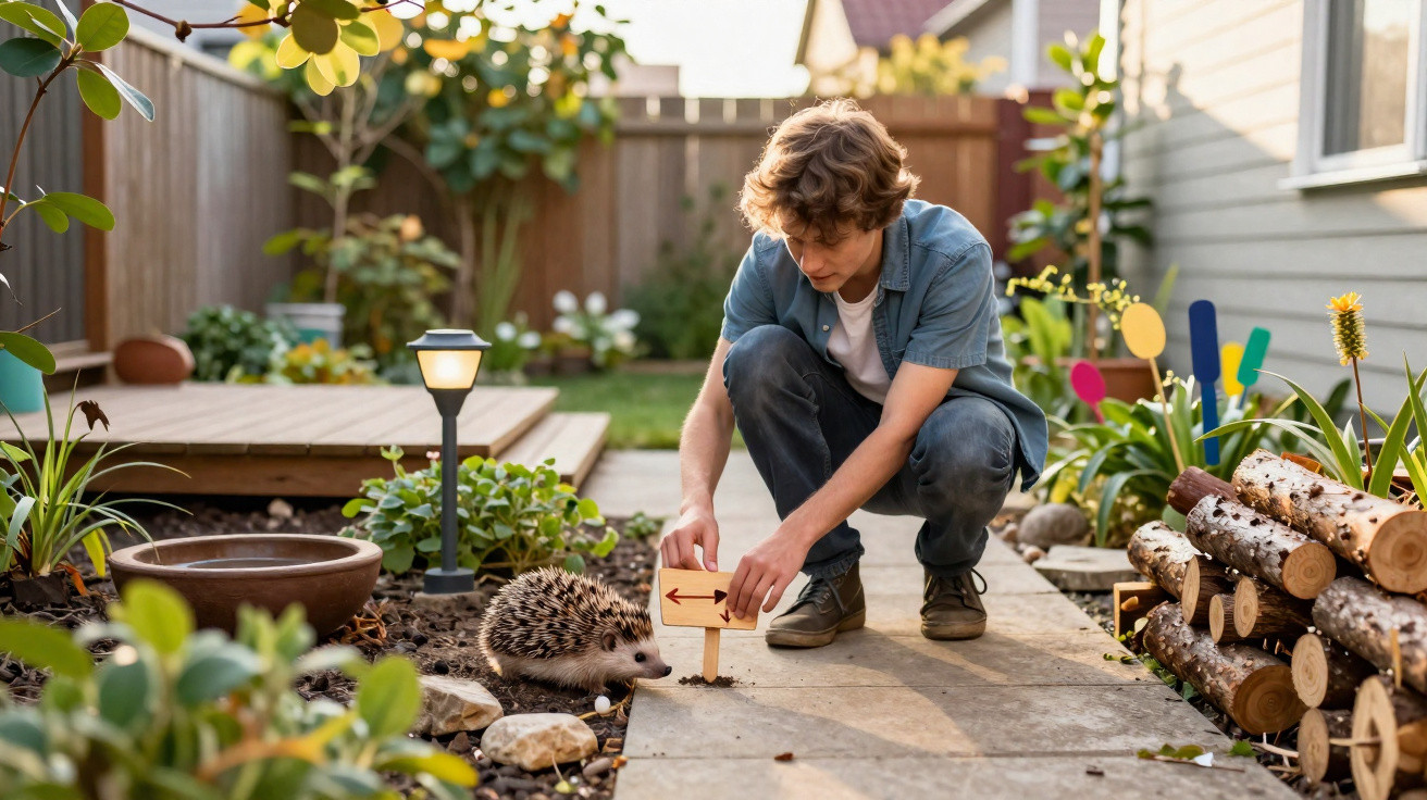 Boy crouching on a garden path placing a wooden sign with arrows near a hedgehog among plants and logs.