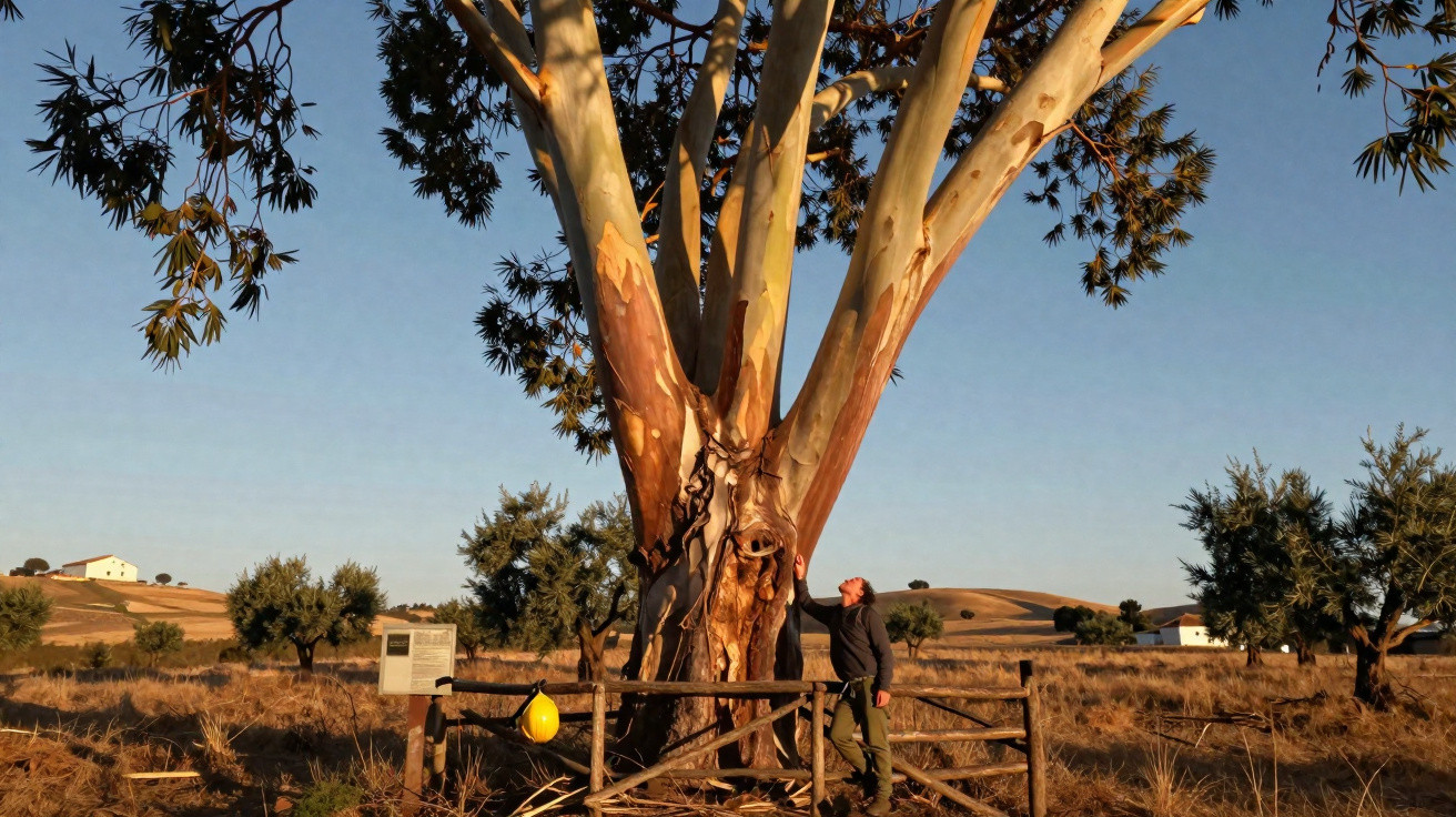 Person standing beside a large eucalyptus tree in a fenced area under clear blue sky in a rural landscape.