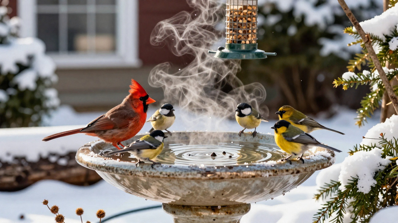 Cardinal and various small birds drinking from a steaming birdbath in a snowy garden.