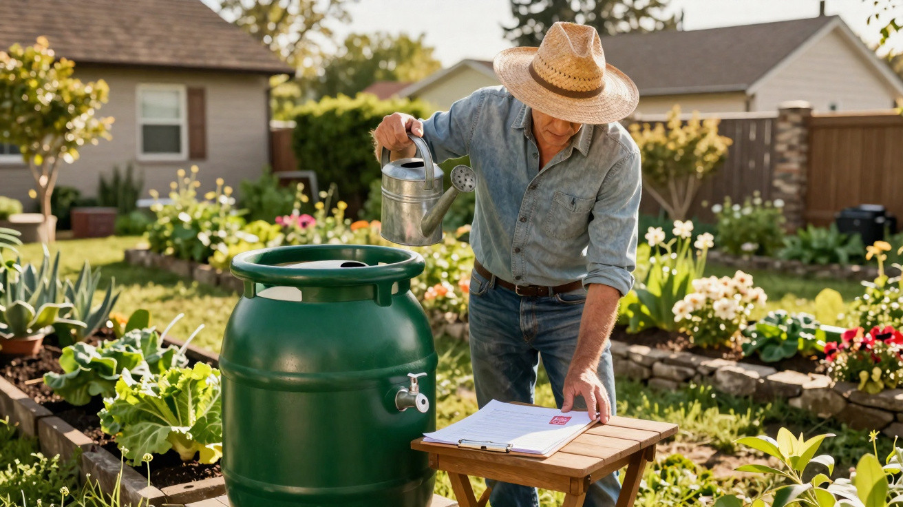 Man in a straw hat watering plants in a garden next to a large green rain barrel and clipboard on a wooden table