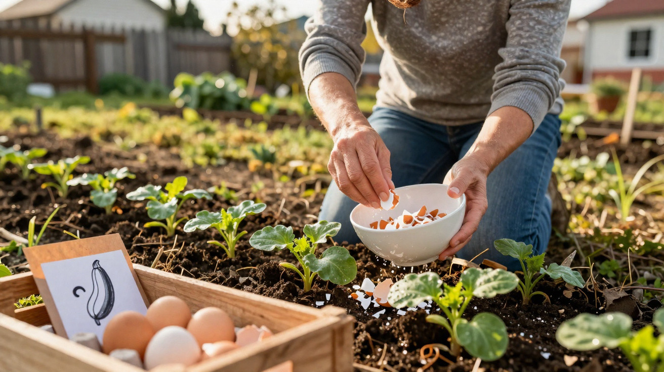 Person sprinkling crushed eggshells around vegetable seedlings in a garden bed on a sunny day.
