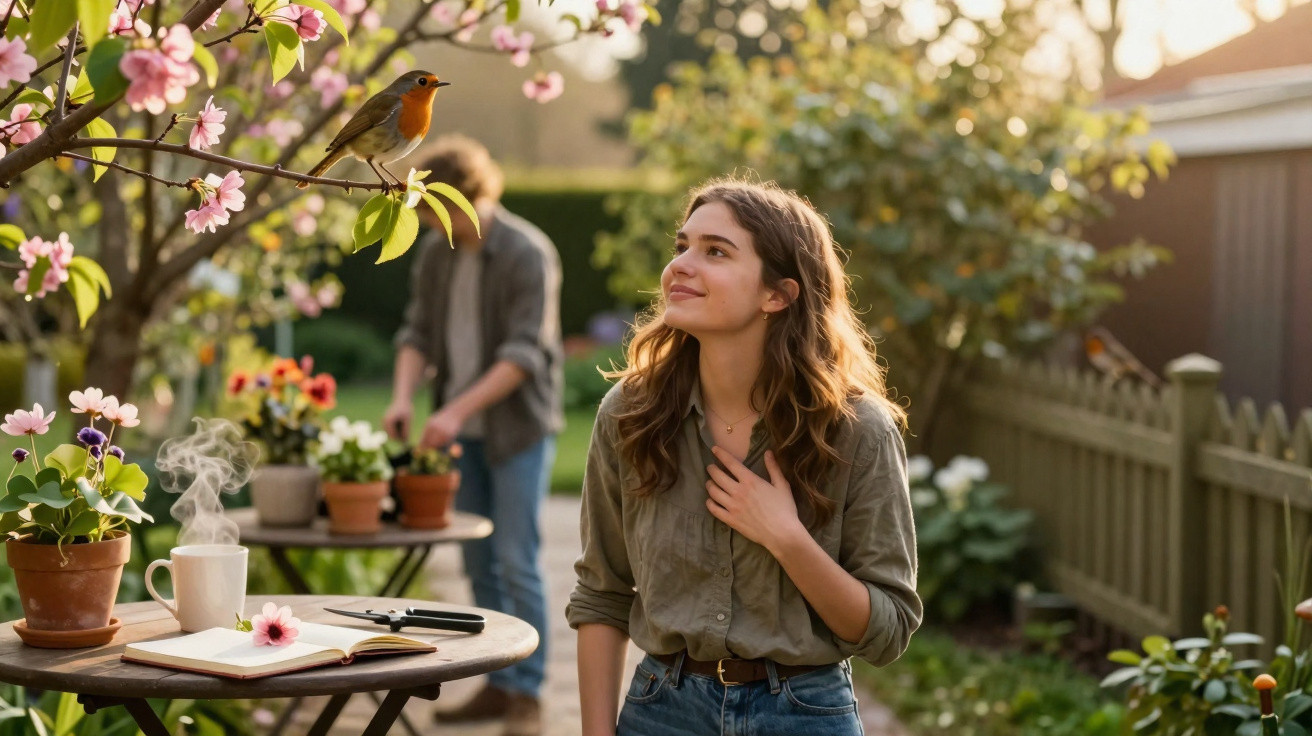 Young woman admiring a robin perched on a blossoming tree branch in a sunny garden with a man gardening in background.
