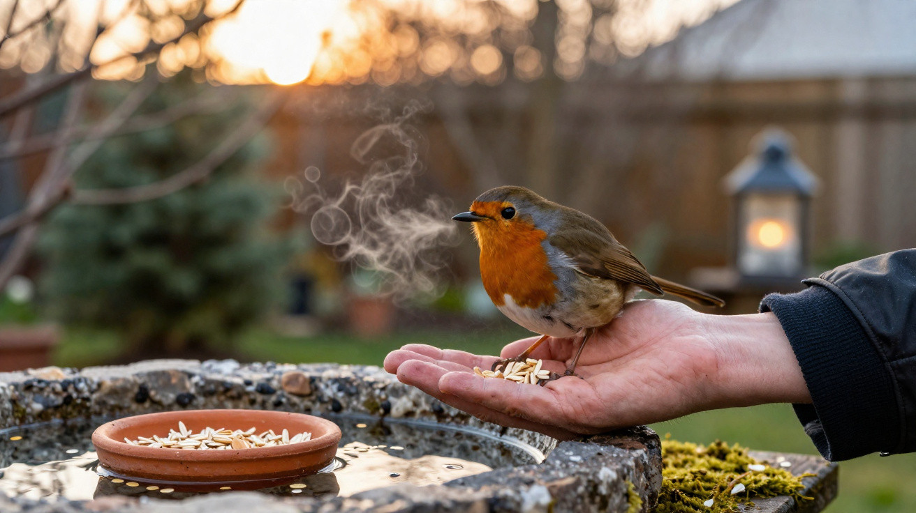 Robin perched on a hand holding seeds with visible breath in a garden at sunset.