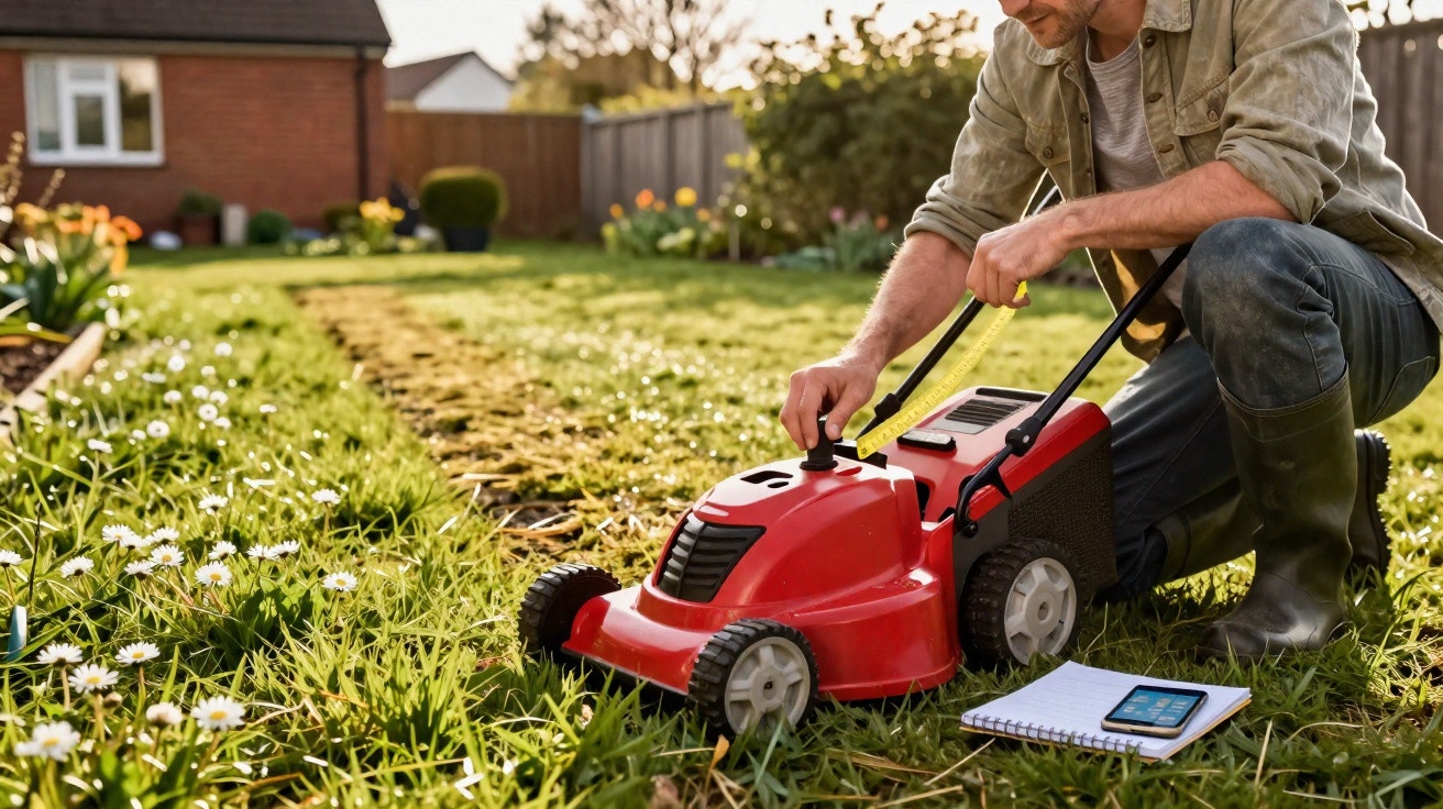 Man adjusting a red electric lawnmower on grass with a notebook and smartphone beside him.