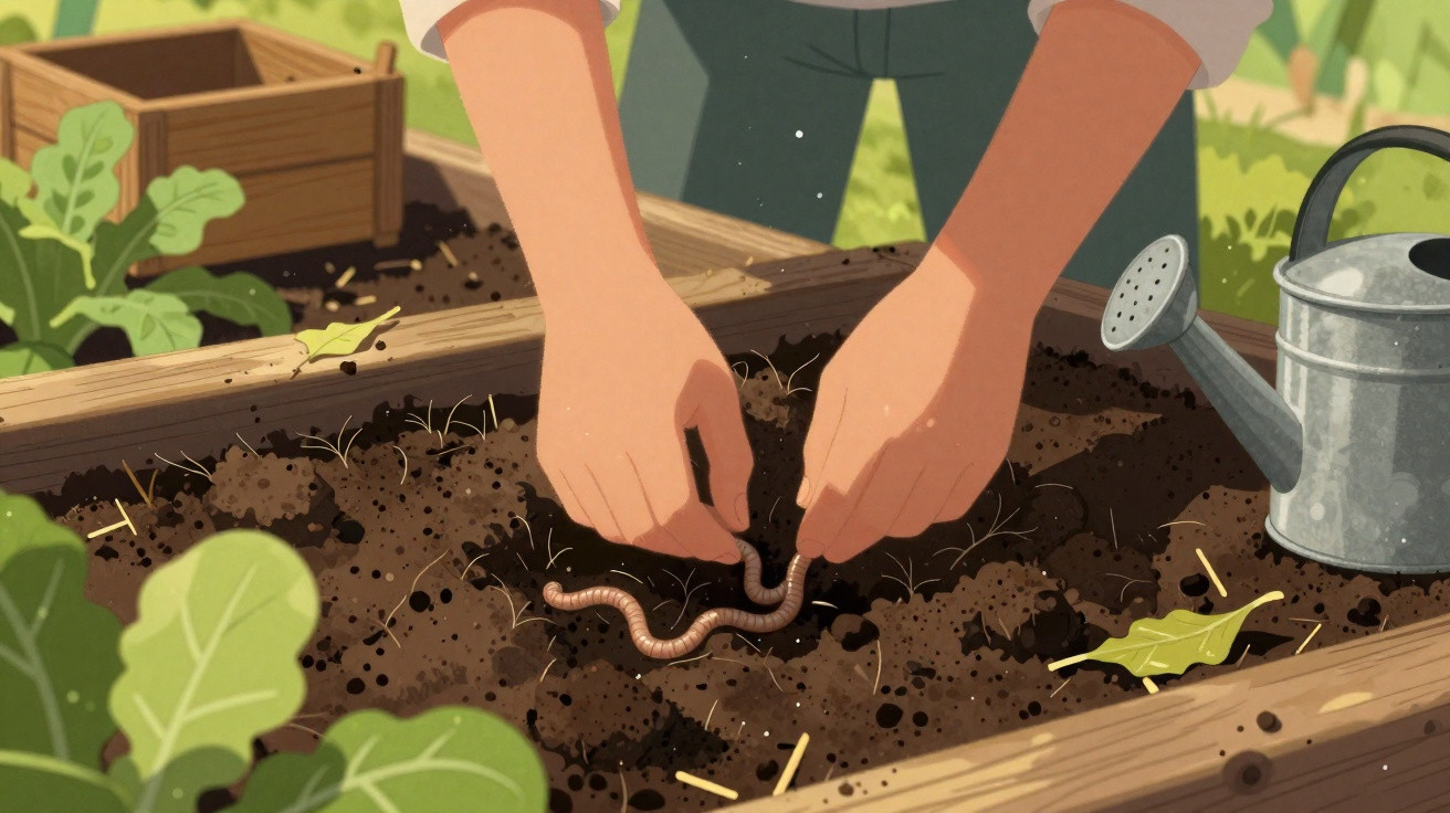 Hands holding a worm over soil in a wooden garden bed with a watering can nearby.