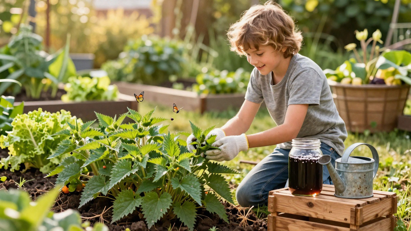 Young boy gardening gloves handling plants in sunny garden with watering can and jar on wooden crate nearby.