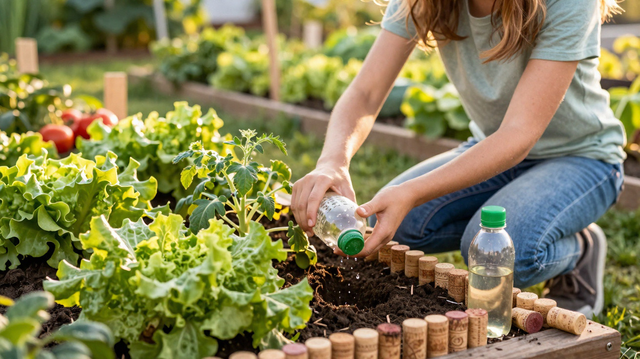 Person watering plants with a plastic bottle in a raised vegetable garden bed outdoors.