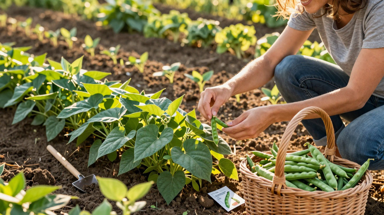 Person harvesting fresh green beans in a garden with a basket full of beans and gardening tools nearby.