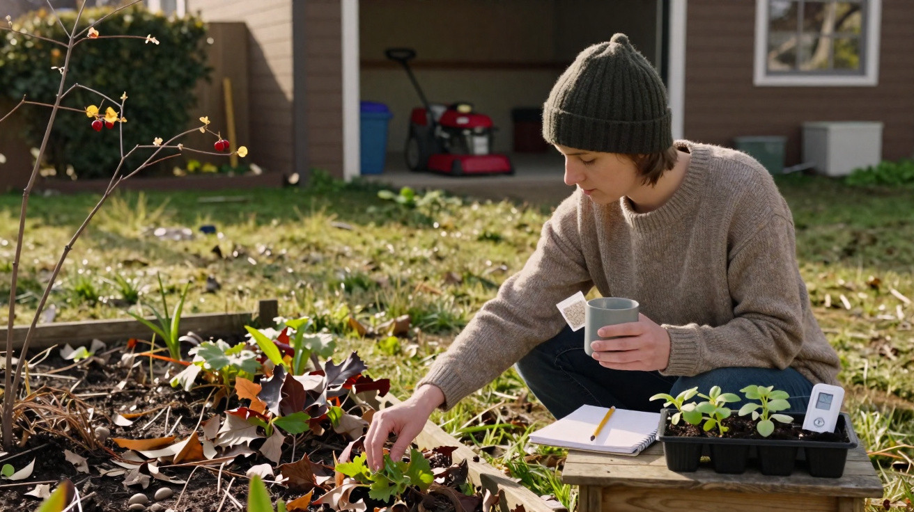 Person wearing a beanie and sweater gardening, holding a mug and tending plants with seedlings on a wooden bench.
