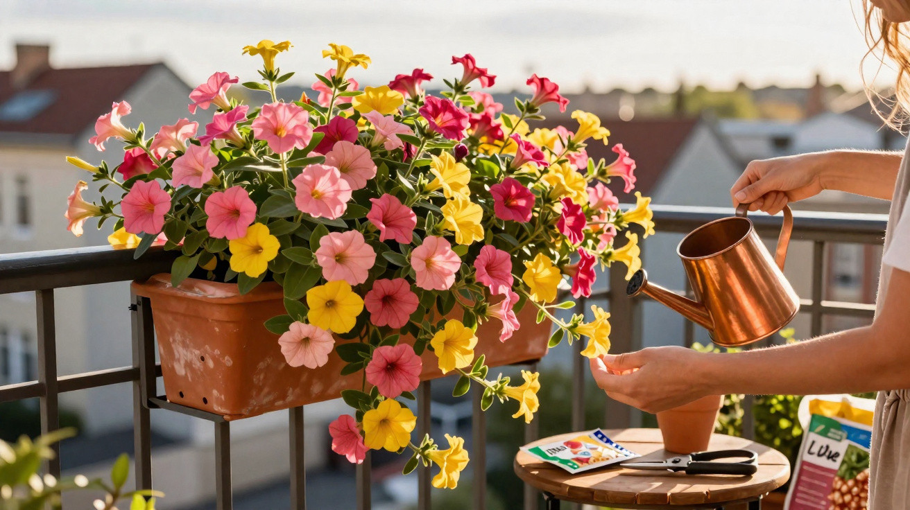 Person watering pink, yellow, and red petunias in a balcony planter on a sunny day.