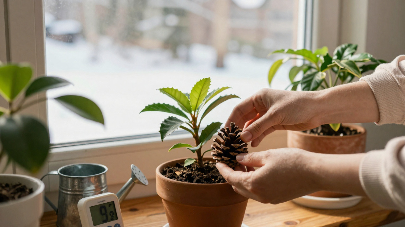 Hands placing a pinecone in a terracotta pot with a green plant on a windowsill with a watering can nearby