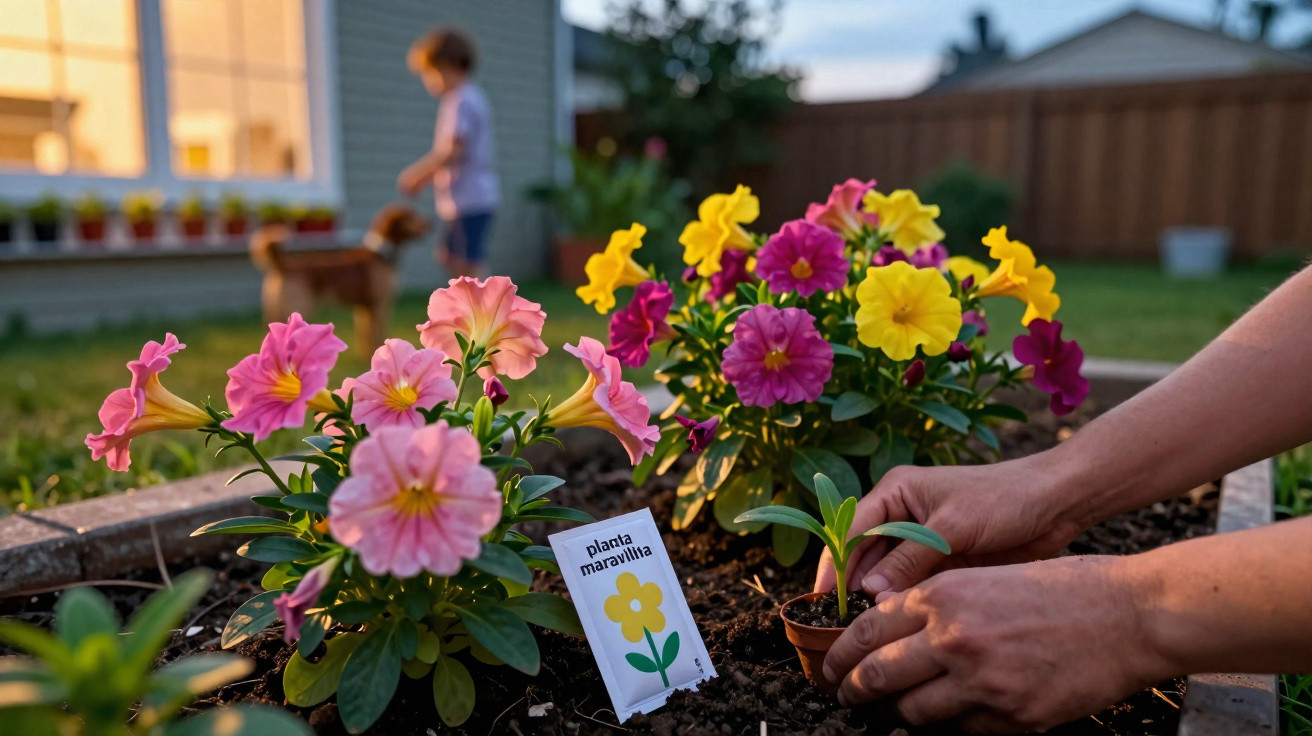 Hands planting a small plant in soil near blooming pink and yellow flowers in a garden bed at sunset.