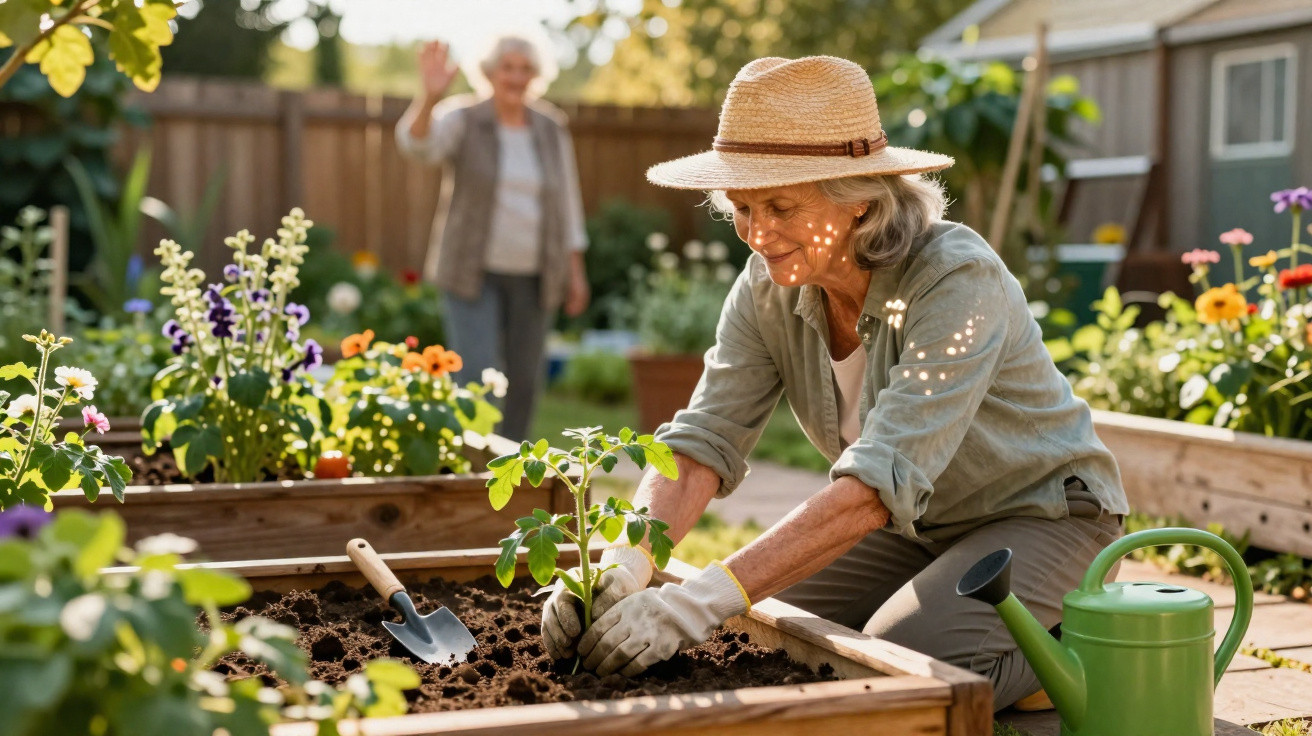 Older woman planting a seedling in a raised garden bed while another woman waves in the background.